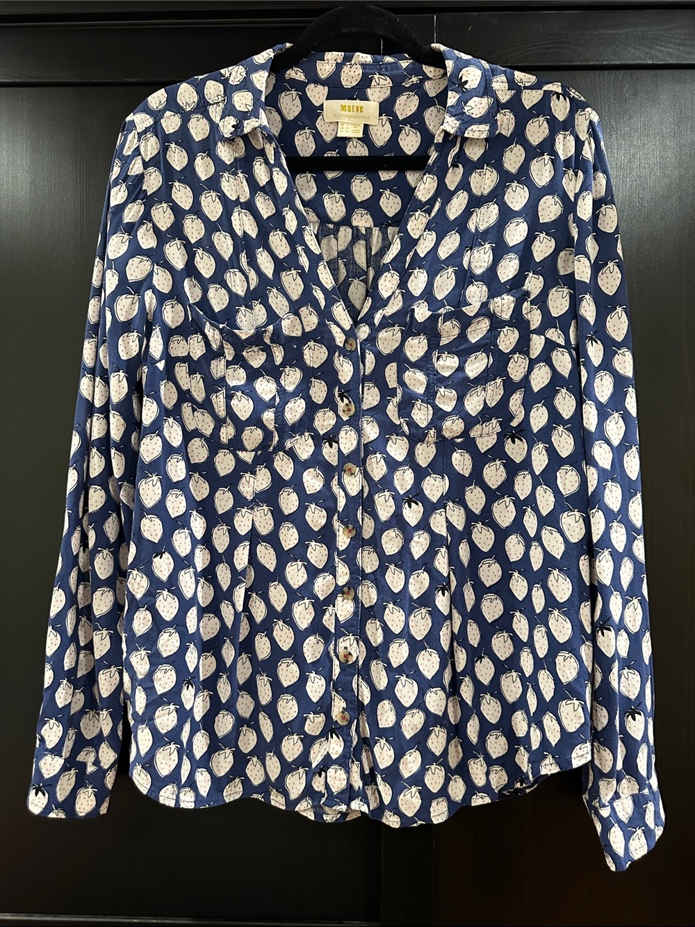 Maeve Navy Button-Front Strawberry Print Blouse